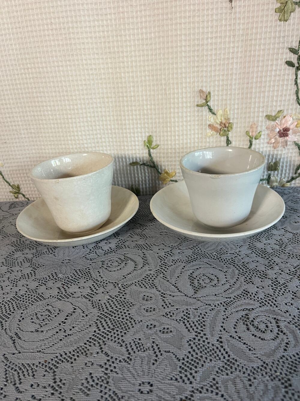 Antique Mellor & Co Ironstone Handleless Cups and Saucers Set of 2 Royal Arms